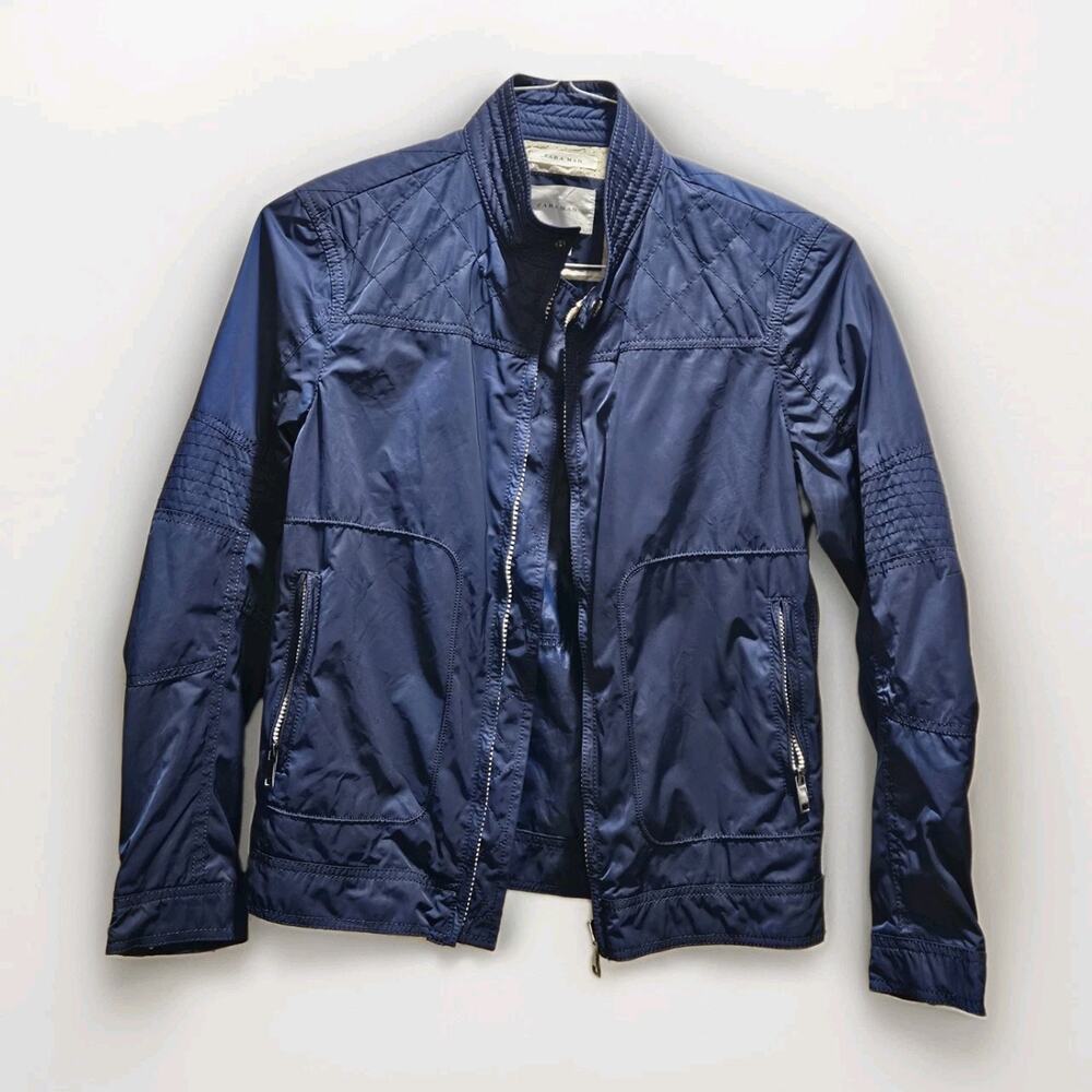 LN Zara Man Navy Blue Windbreaker Moto/Golf Jacket Size M Medium Zip Sleeve